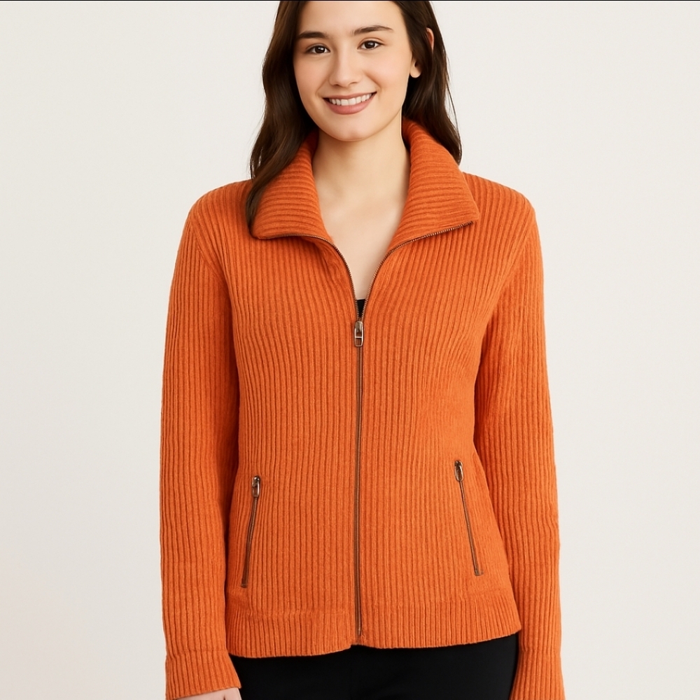 Liz Claiborne Orange Ribbed Zip Up Cardigan Size XL